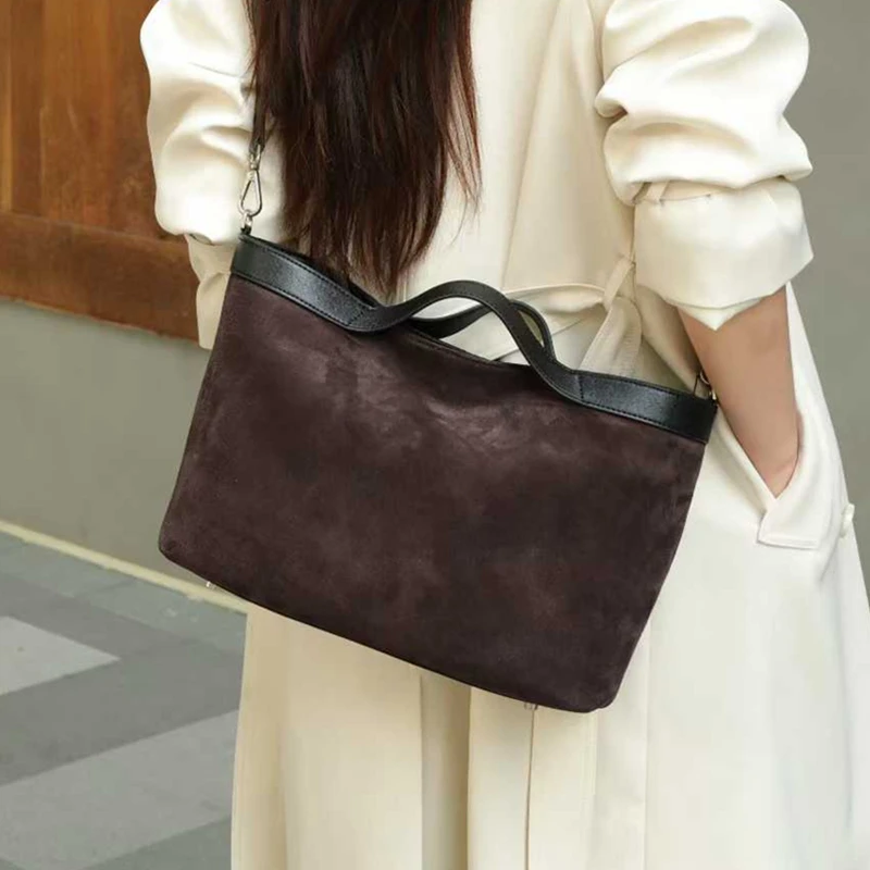 cowhide suede genuine leather tote handbags for women 2025 luxury designer satchel work ladies shoulder crossbody bags
