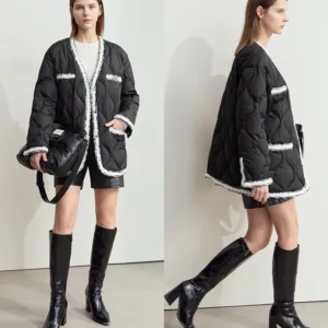 minimalist patchwork down jackets for women trendy v neck metal tag 2025 winter female mid length loose outerwear 12444051