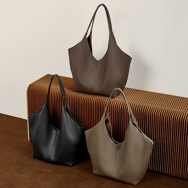 cowhide genuine leather large soft shoulder tote bags for women 2026 luxury designer hobo shopper work ladies handbags