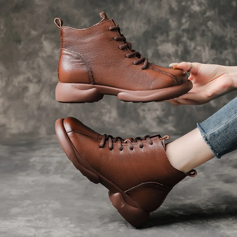 women genuine leather boots thick heel platform plush warm snow boots lady retro style casual mother ankle cotton boots