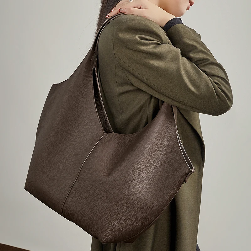 cowhide genuine leather large soft shoulder tote bags for women 2026 luxury designer hobo shopper work ladies handbags