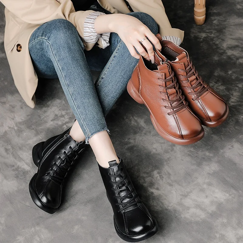 women genuine leather boots thick heel platform plush warm snow boots lady retro style casual mother ankle cotton boots