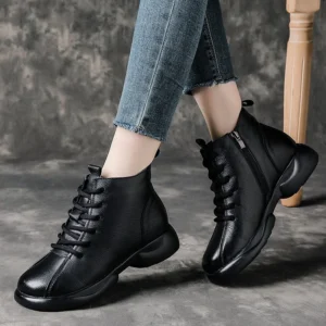 women genuine leather boots thick heel platform plush warm snow boots lady retro style casual mother ankle cotton boots