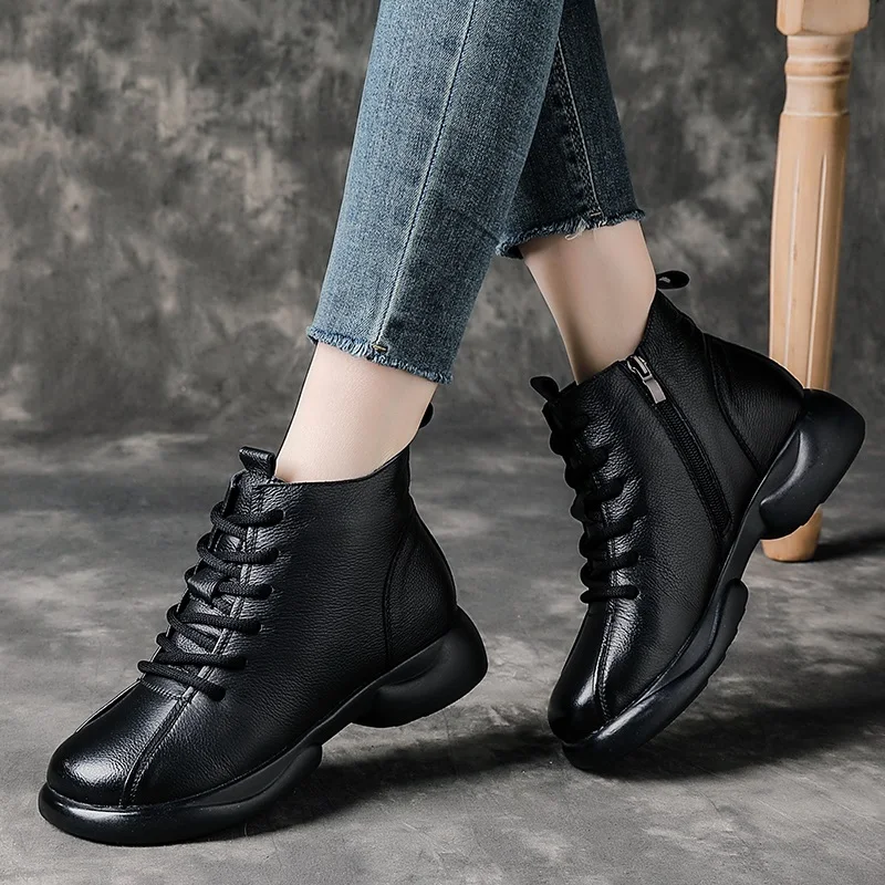 women genuine leather boots thick heel platform plush warm snow boots lady retro style casual mother ankle cotton boots