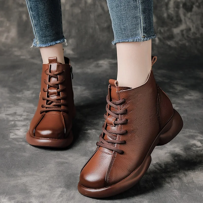women genuine leather boots thick heel platform plush warm snow boots lady retro style casual mother ankle cotton boots