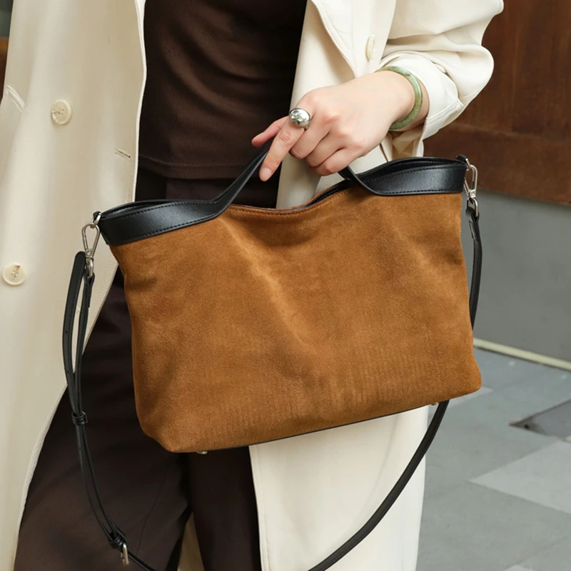 cowhide suede genuine leather tote handbags for women 2025 luxury designer satchel work ladies shoulder crossbody bags