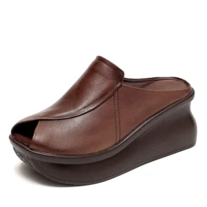 wedges heel slippers women summer slip on fish mouth genuine leather slippers height increasing platform casual slides
