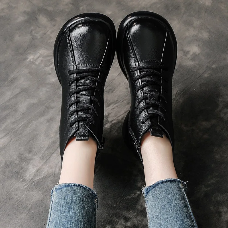 women genuine leather boots thick heel platform plush warm snow boots lady retro style casual mother ankle cotton boots