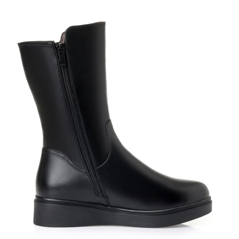 Big Size 35-43 Women Snow Boots Winter Thick Wool Warm Mid Calf Boots Women Fashion Soft Leather Low Wedge Cotton Boots - Image 2