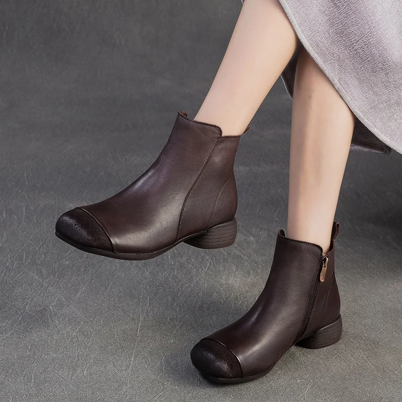Retro Style Genuine Cow Leather Ankle Boots For Women Winter Warm Shoes Low Thick Heel Side Zipper Casual Short Boots - Image 3