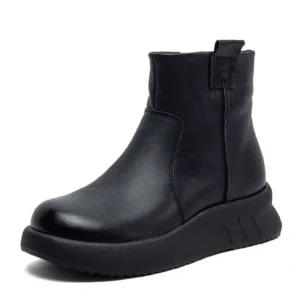 Women Snow Boots 2026 Winter Thick Sole Platform Wedges Plush Warm Ankle Boots Handmade Retro Cow Leather Cotton Shoes