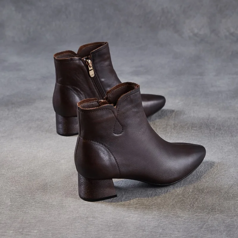 2026 Fashion Pointed Toe Ankle Boots For Women Cow Genuine Leather Thick Heel Side Zipper Trend Retro Casual Short Boots - Image 3