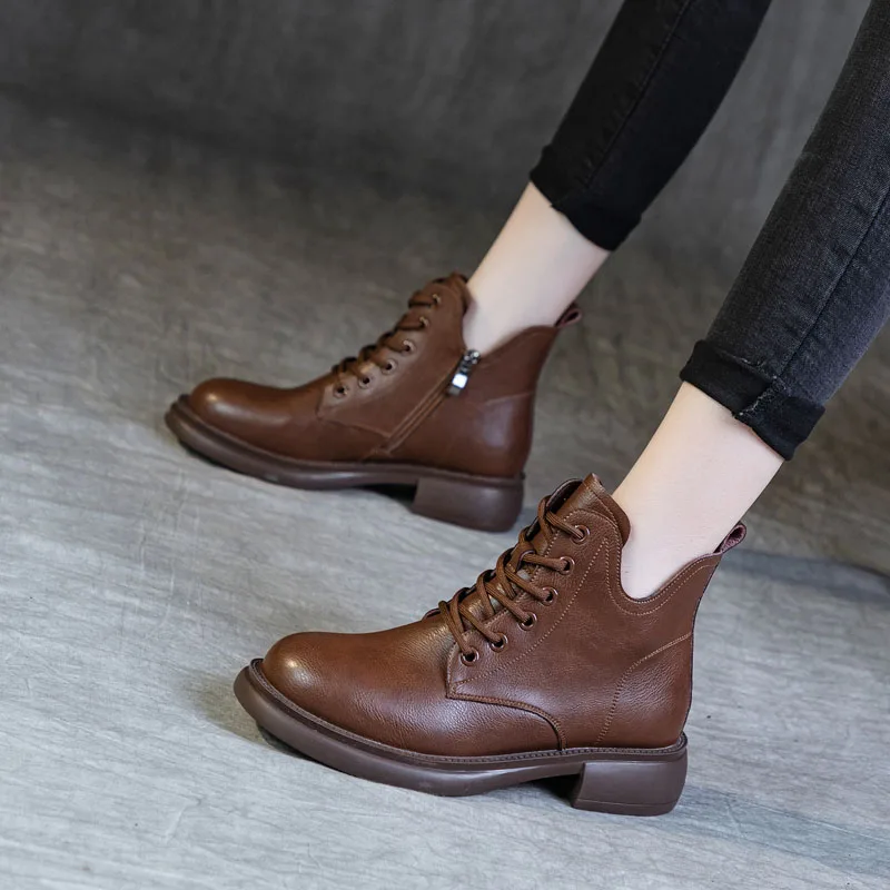 British Style Women Med Thick Heel Ankle Boots Autumn Winter Plush Warm Casual Short Boots Lace-Up Zipper Soft Fur Shoes - Image 4