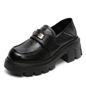 Retro Genuine Leather Platform Shoes Women Thick High Heel Slip On Loafers Ladies Round Toe Metal Casual Single Shoes