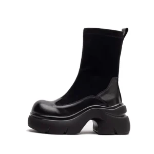 2026 Fashion Women Socks Boots Thick High Heel Height Increasing Round Toe Genuine Leather Platform Slip On Mid Calf Boots