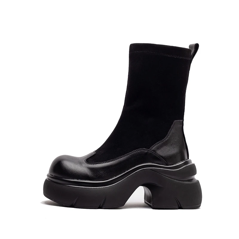 2026 Fashion Women Socks Boots Thick High Heel Height Increasing Round Toe Genuine Leather Platform Slip On Mid Calf Boots