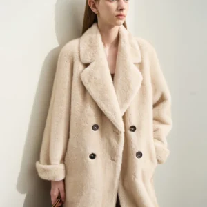 Minimalist Fur Coats Woman Suit Collar Double Breasted Raglan Sleeve Basic Lady 2025 Winter New Warm Long Overcoat 12424024