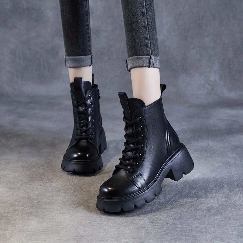 Genuine Cow Leather Ankle Boots For Women Height Increasing Thick High Heel Chunky Platform Autumn Winter Fur Warm Boots - Image 3