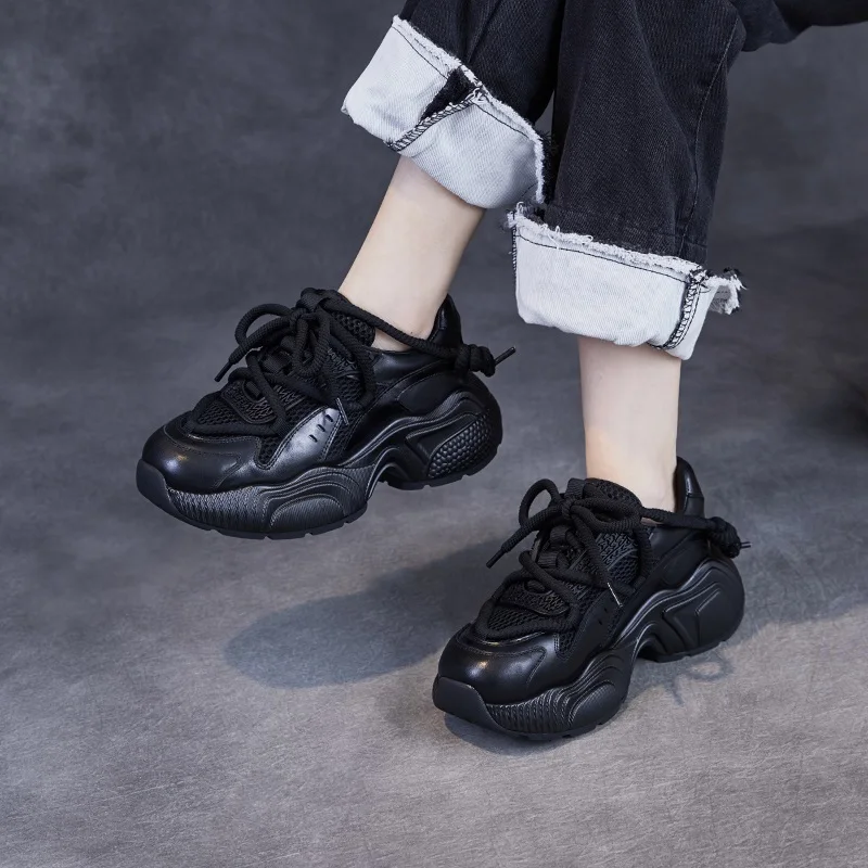2026 Spring Summer Chunky Platform Casual Sneakers Women Genuine Leather Air Mesh Wedges Heel Lace-Up Dad Shoes Black - Image 5