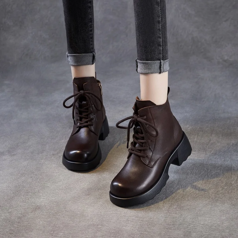 Fashion Autumn Winter Women Thick Heel Ankle Boots Luxury Design Cow Genuine Leather Chunky Platform Trend Casual Boots - Image 3