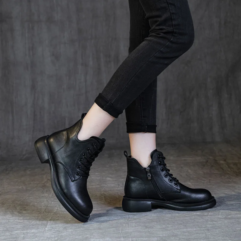 British Style Women Med Thick Heel Ankle Boots Autumn Winter Plush Warm Casual Short Boots Lace-Up Zipper Soft Fur Shoes - Image 3