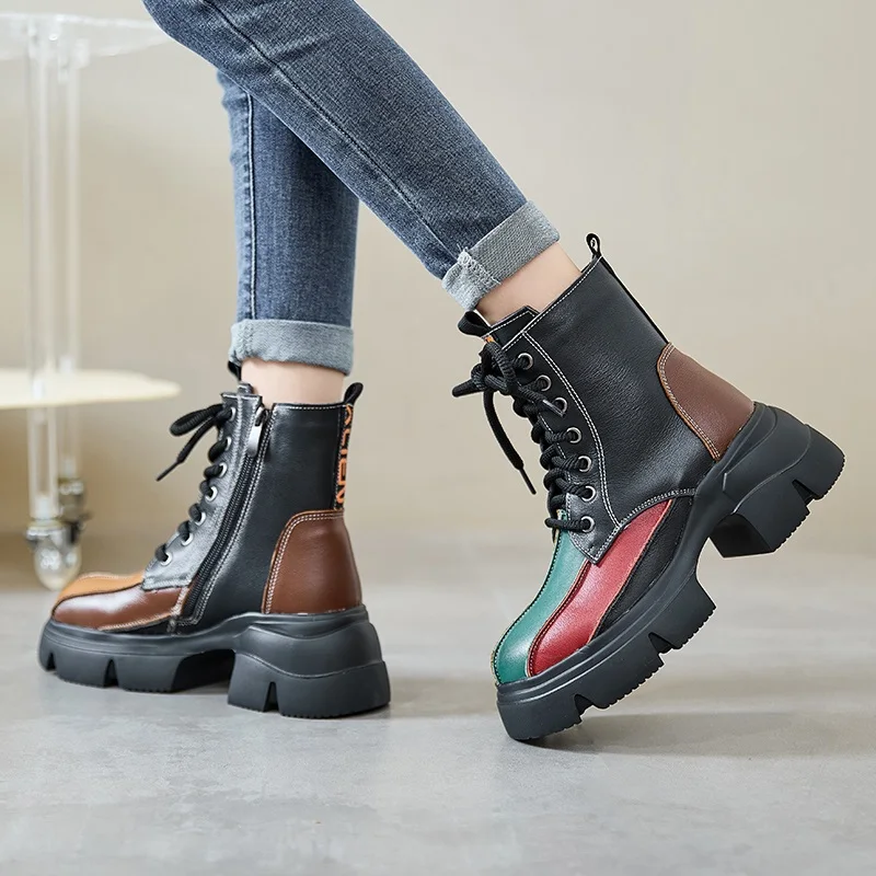 Women Thick Heel Boots Winter Warm Genuine Leather Round Toe Platform Mixed Colors Retro Style Handmade Cotton Boots - Image 3