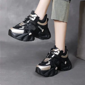 2026 Fashion Mixed Colors Height Increasing Casual Shoes Women Chunky Platform Sneakers Comfort Cowhide Dad Shoes Female