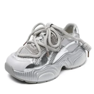 2026 Spring Summer Chunky Platform Casual Sneakers Women Genuine Leather Air Mesh Wedges Heel Lace-Up Dad Shoes Black