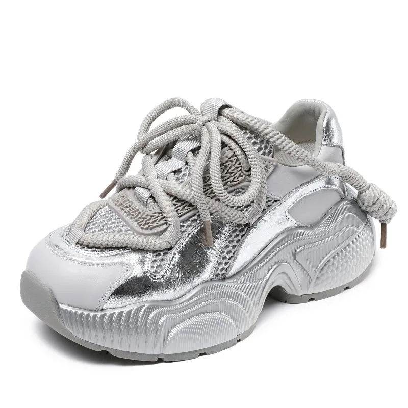 2026 Spring Summer Chunky Platform Casual Sneakers Women Genuine Leather Air Mesh Wedges Heel Lace-Up Dad Shoes Black