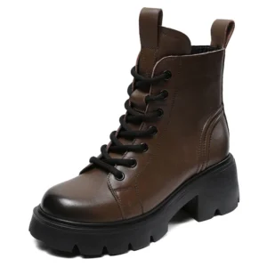 Genuine Cow Leather Ankle Boots For Women Height Increasing Thick High Heel Chunky Platform Autumn Winter Fur Warm Boots