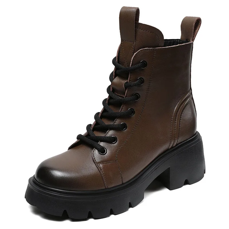 Genuine Cow Leather Ankle Boots For Women Height Increasing Thick High Heel Chunky Platform Autumn Winter Fur Warm Boots