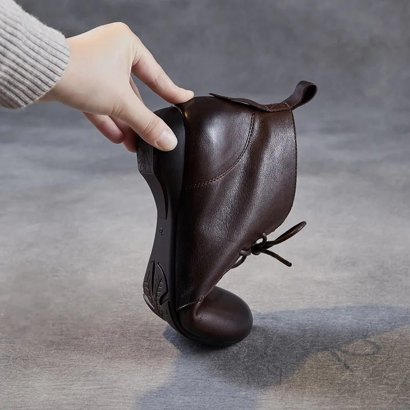 Luxury Design Cow Genuine Leather Ankle Boots For Women Handmade Retro Low Heel Soft Soled Winter Casual Short Boots - Image 2