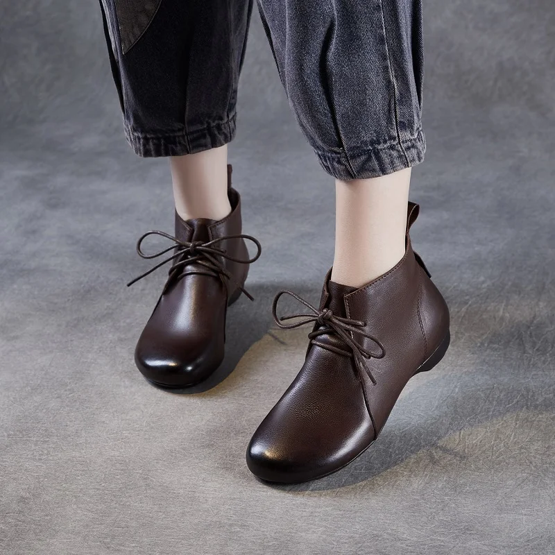 Luxury Design Cow Genuine Leather Ankle Boots For Women Handmade Retro Low Heel Soft Soled Winter Casual Short Boots - Image 3