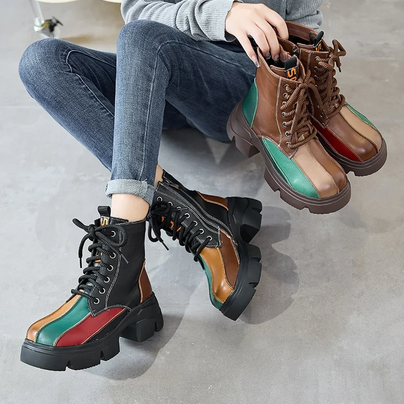 Women Thick Heel Boots Winter Warm Genuine Leather Round Toe Platform Mixed Colors Retro Style Handmade Cotton Boots - Image 5