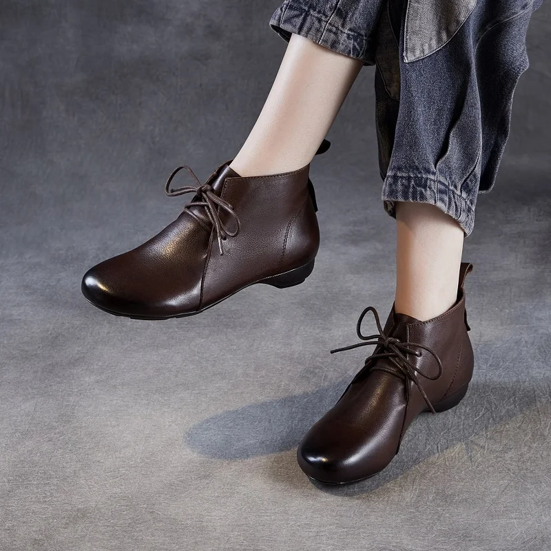 Luxury Design Cow Genuine Leather Ankle Boots For Women Handmade Retro Low Heel Soft Soled Winter Casual Short Boots - Image 4