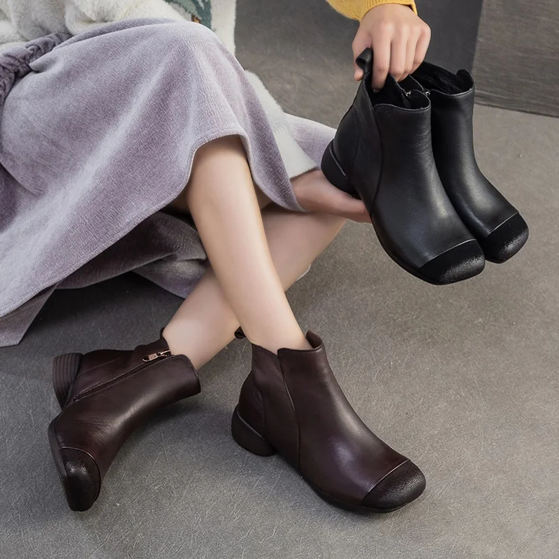 Retro Style Genuine Cow Leather Ankle Boots For Women Winter Warm Shoes Low Thick Heel Side Zipper Casual Short Boots - Image 5