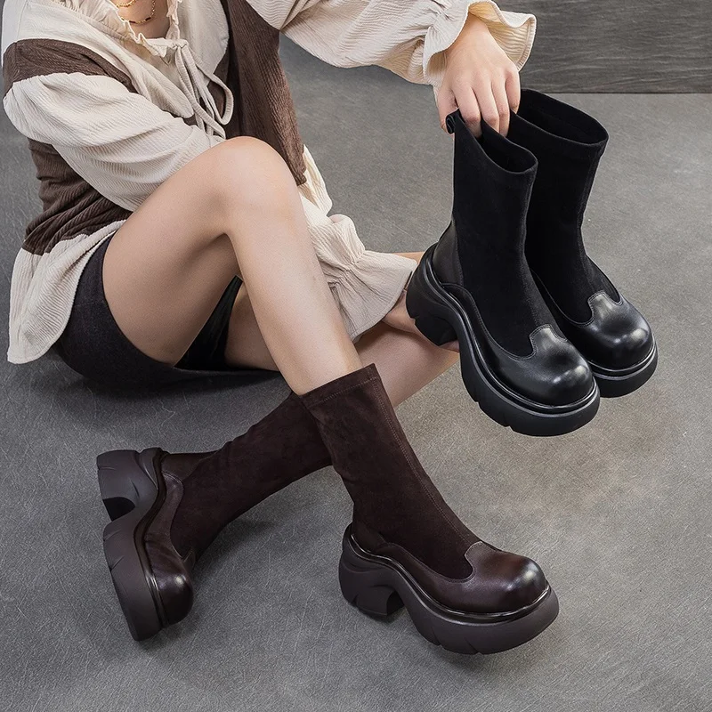 2026 Fashion Women Socks Boots Thick High Heel Height Increasing Round Toe Genuine Leather Platform Slip On Mid Calf Boots - Image 5