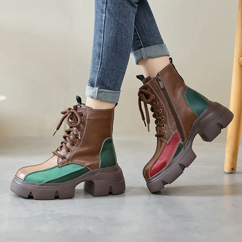 Women Thick Heel Boots Winter Warm Genuine Leather Round Toe Platform Mixed Colors Retro Style Handmade Cotton Boots - Image 2