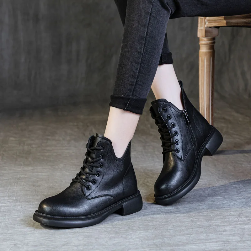 British Style Women Med Thick Heel Ankle Boots Autumn Winter Plush Warm Casual Short Boots Lace-Up Zipper Soft Fur Shoes - Image 2