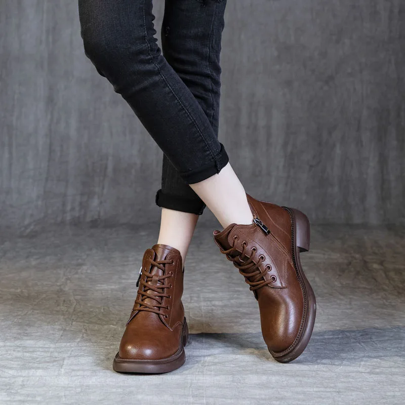 British Style Women Med Thick Heel Ankle Boots Autumn Winter Plush Warm Casual Short Boots Lace-Up Zipper Soft Fur Shoes - Image 5