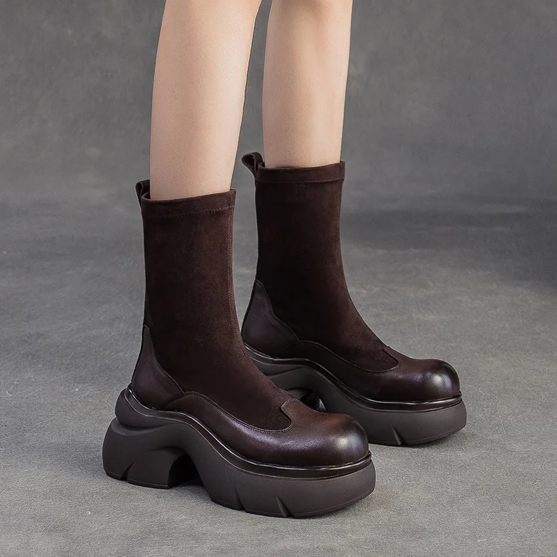2026 Fashion Women Socks Boots Thick High Heel Height Increasing Round Toe Genuine Leather Platform Slip On Mid Calf Boots - Image 4