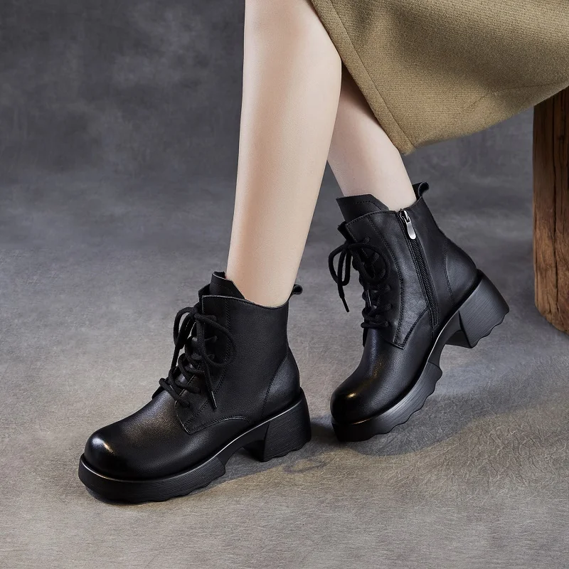 Fashion Autumn Winter Women Thick Heel Ankle Boots Luxury Design Cow Genuine Leather Chunky Platform Trend Casual Boots - Image 4