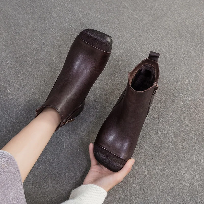 Retro Style Genuine Cow Leather Ankle Boots For Women Winter Warm Shoes Low Thick Heel Side Zipper Casual Short Boots - Image 4