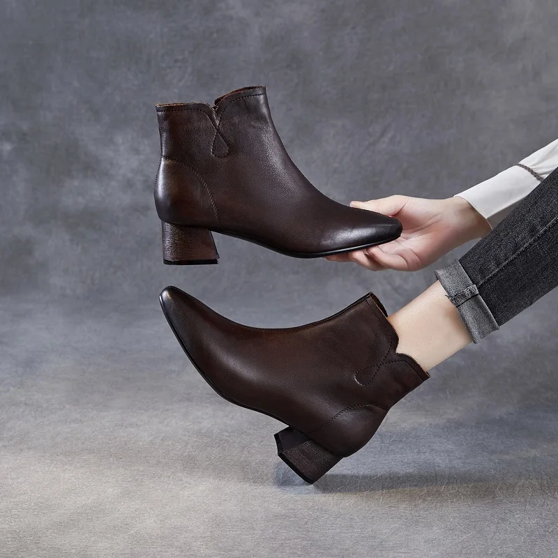 2026 Fashion Pointed Toe Ankle Boots For Women Cow Genuine Leather Thick Heel Side Zipper Trend Retro Casual Short Boots - Image 4