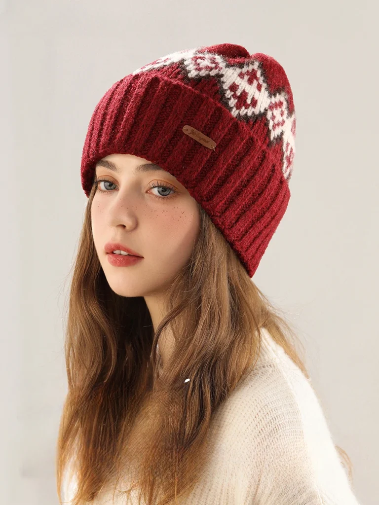 Autumn Winter Knitted Beanie for Women and Men, Wool Blend Diamond Lattice Warm Hat, Outdoor Ear Protection for Large Head