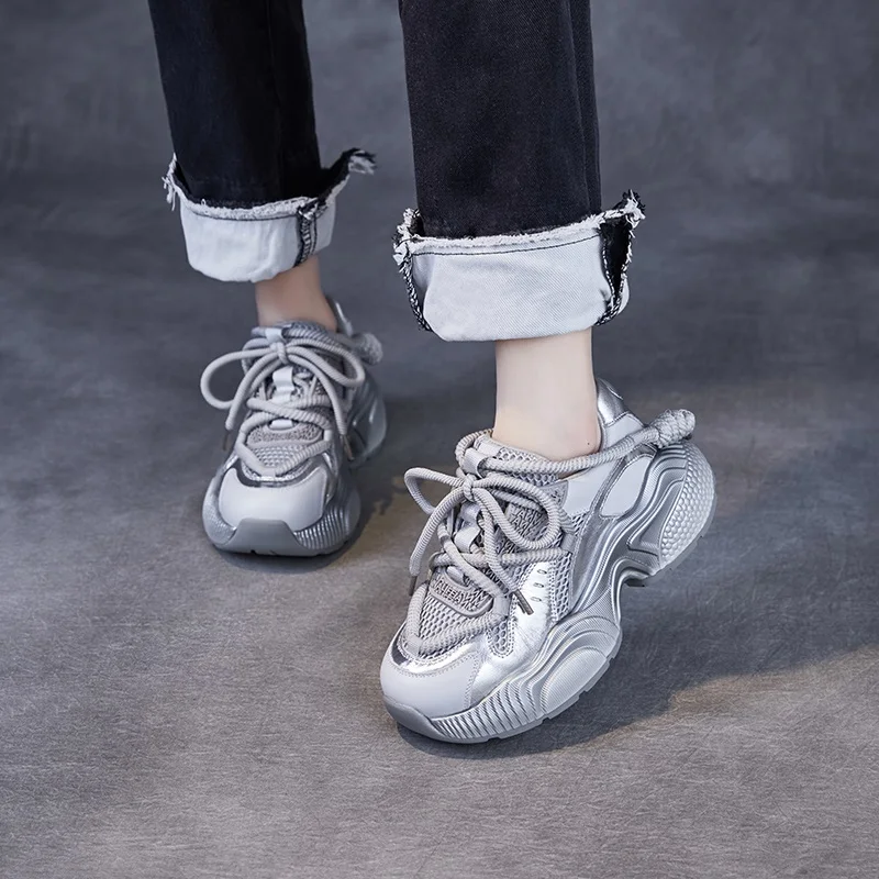 2026 Spring Summer Chunky Platform Casual Sneakers Women Genuine Leather Air Mesh Wedges Heel Lace-Up Dad Shoes Black - Image 2