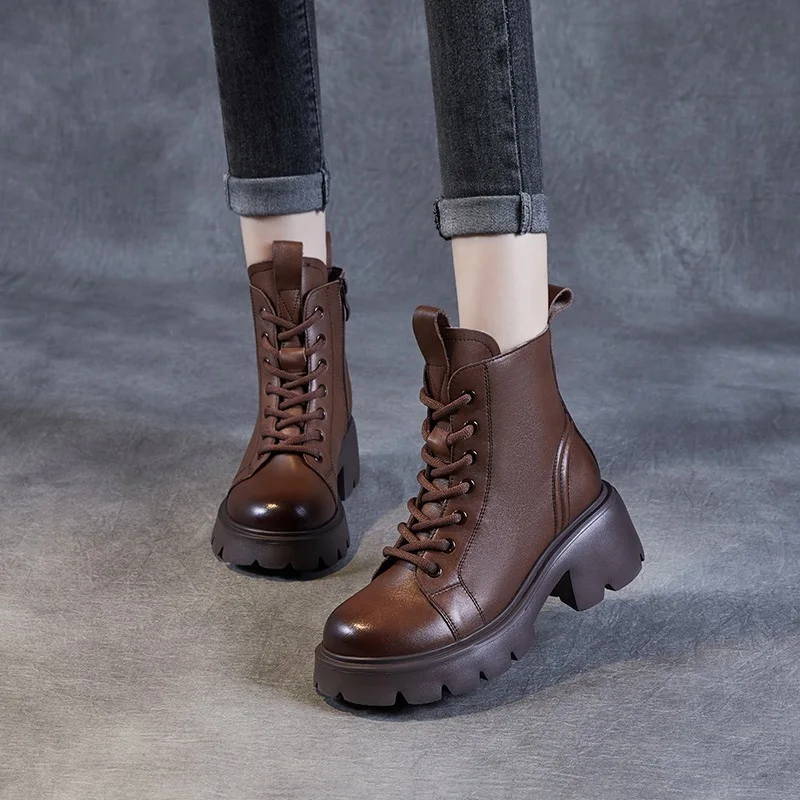 Genuine Cow Leather Ankle Boots For Women Height Increasing Thick High Heel Chunky Platform Autumn Winter Fur Warm Boots - Image 5