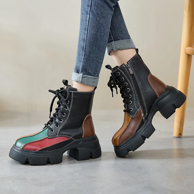 Women Thick Heel Boots Winter Warm Genuine Leather Round Toe Platform Mixed Colors Retro Style Handmade Cotton Boots - Image 4