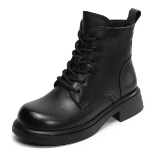 Fashion Women Thick Heel Ankle Boots Autumn Winter Round Toe Genuine Leather Side Zipper Soft Outside Casual Short Boots