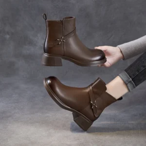 Women Thick heel Boots 2025 Spring Autumn Luxury Design Cow Genuine Leather Side Zipper Round Toe Trend Ankle boots Lady